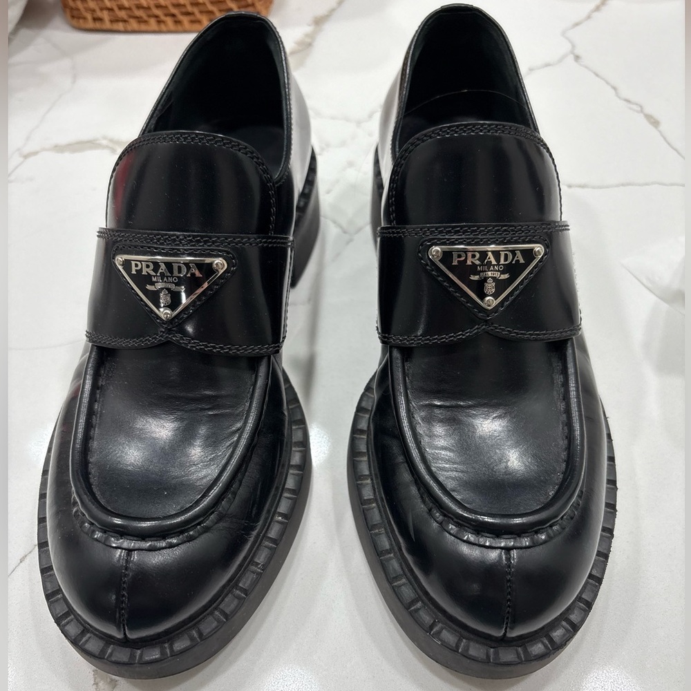 Prada Black Leather Loafers with Logo Detail